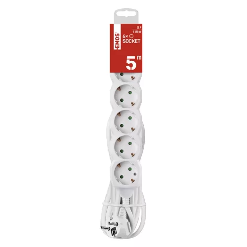 Emos P0625R Hosszabbító 5 m / 6 aljzat / fehér / PVC / 5 mm²
