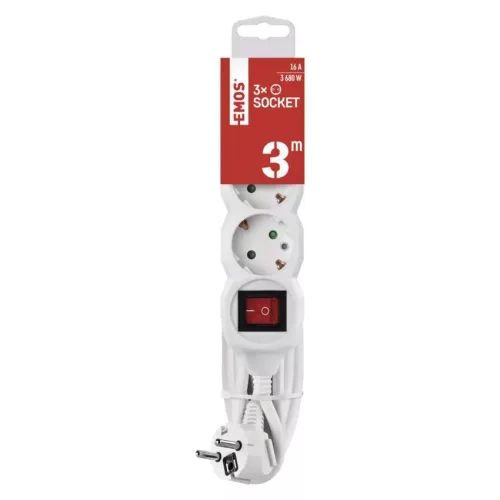 Emos P1323R Hosszabbító 3 m / 3 aljzat / kapcsolós / fehér / PVC / 1,5 mm²