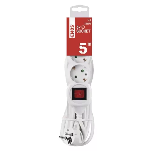 Emos P1325R Hosszabbító 5 m / 3 aljzat / kapcsolós / fehér / PVC / 1,5 mm²