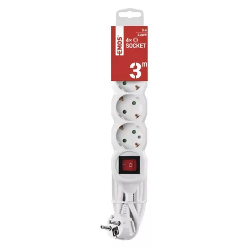 Emos P1423R Hosszabbító 3 m / 4 aljzat / kapcsolós / fehér / PVC / 1,5 mm²