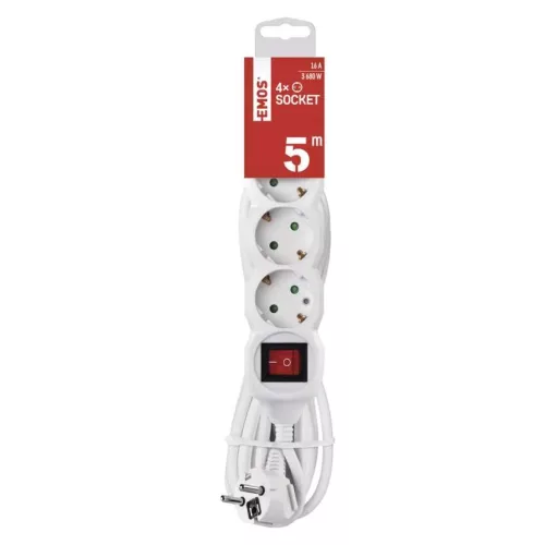 Emos P1425R Hosszabbító 5 m / 4 aljzat / kapcsolós / fehér / PVC / 1,5 mm²