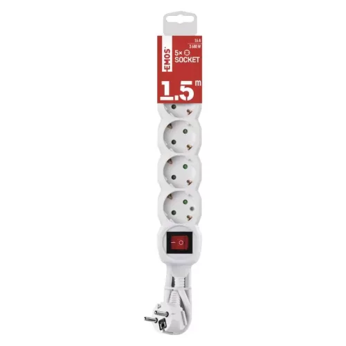 Emos P1521R Hosszabbító 1,5 m / 5 aljzat / kapcsolós / fehér / PVC / 1,5 mm²