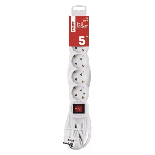 Emos P1525R Hosszabbító 5 m / 5 aljzat / kapcsolós / fehér / PVC / 1,5 mm²
