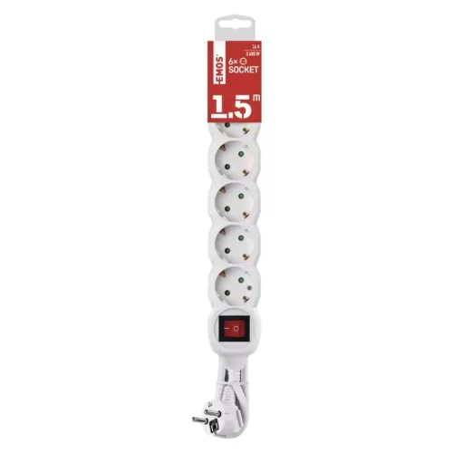 Emos P1621R Hosszabbító 1,5 m / 6 aljzat / kapcsolós / fehér / PVC / 1,5 mm²