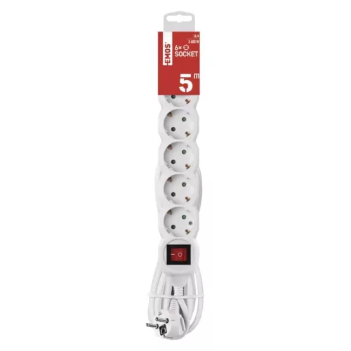 Emos P1625R Hosszabbító 5 m / 6 aljzat / kapcsolós / fehér / PVC / 1,5 mm²