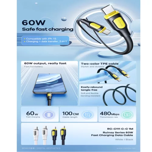 Remax Ruinay RC-C111 kábel USB-C - USB-C PD 60W 1m, fehér