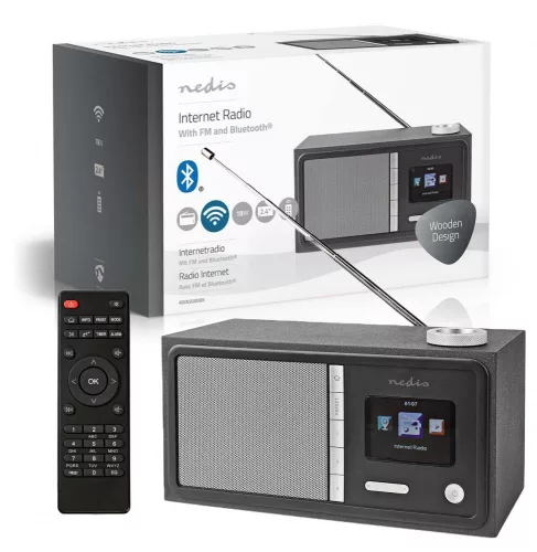 Nedis RDIN3000BK Asztali internet rádió Internet Rádió Asztali Kivitel | Bluetooth® / Wi-Fi | FM / Internet | 2.4 " | Színes Képernyő 18 W Távvezérelt App szabályozott