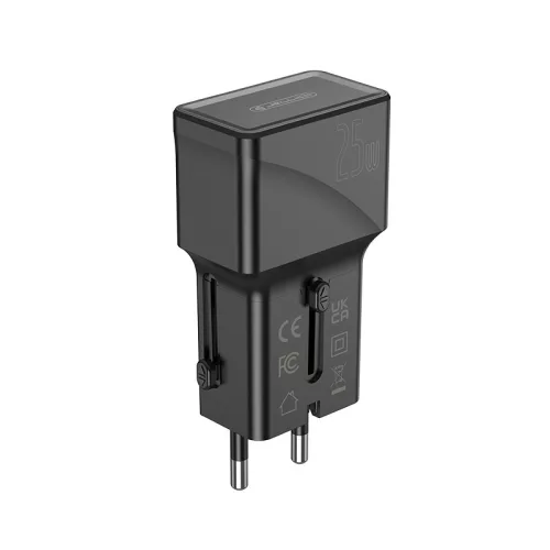 JELLICO univerzális utazó adapter S6 PD 25W 1xUSB-C + 1xUSB QC3.0, fekete