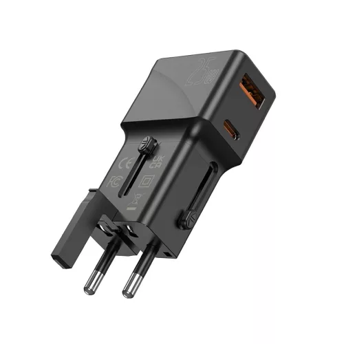 JELLICO univerzális utazó adapter S6 PD 25W 1xUSB-C + 1xUSB QC3.0, fekete