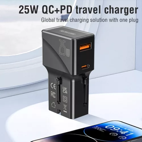 JELLICO univerzális utazó adapter S6 PD 25W 1xUSB-C + 1xUSB QC3.0, fekete