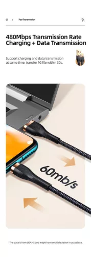 USAMS SJ488  120cm-es textil bevonatú usb-c kábel aranyozott csatlakozóval 3A , 1376011