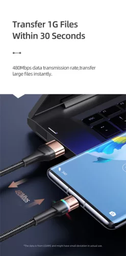 USAMS SJ536USB01 1,2 m textil borítású usb-c töltő kábel, led világítással, 6A