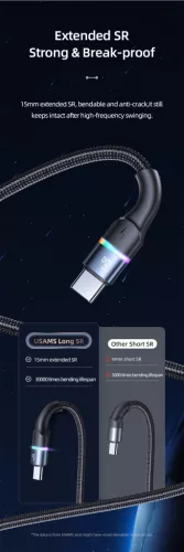 USAMS SJ536USB01 1,2 m textil borítású usb-c töltő kábel, led világítással, 6A