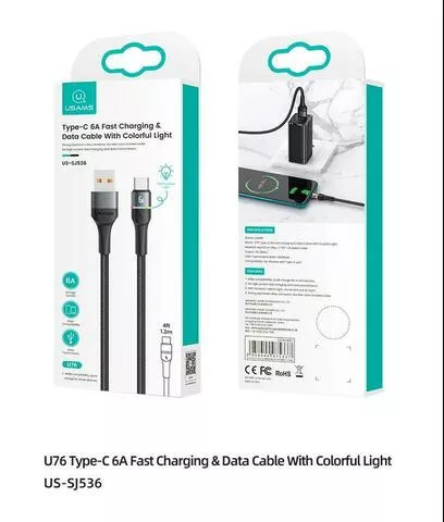 USAMS SJ536USB02 1,2 m textil borítású usb-c töltőkábel színes led fénnyel, 6A
