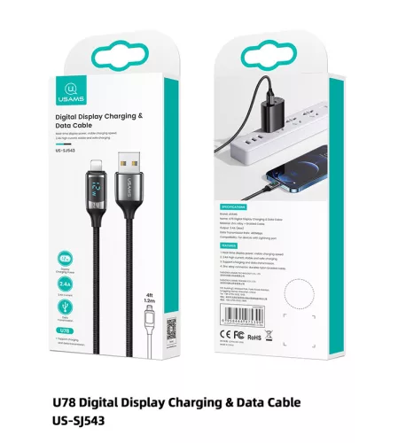 USAMS SJ543USB01 120cm-es szövet borítású lightning adat és töltőkábel LCD kijelzővel 2,4A 1380753