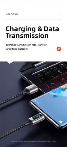USAMS SJ544USB01 120cm-es Type-c szövet borítású töltő és adatkábel LCD kijelzővel 66W,6A 1380751