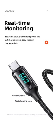 USAMS SJ544USB01 120cm-es Type-c szövet borítású töltő és adatkábel LCD kijelzővel 66W,6A 1380751