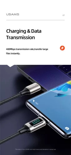 USAMS SJ546USB01 120cm-es textil borítású Type- to Type-c PD gyorstöltő kábel LCD kijelzővel 100W, 5A 1380752