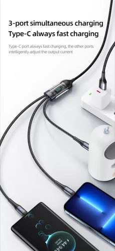 USAMS SJ582USB01 3 az 1 ben (micro usb, lightning, usb-c) gyorstöltő szövet kábel LCD kijlezővel