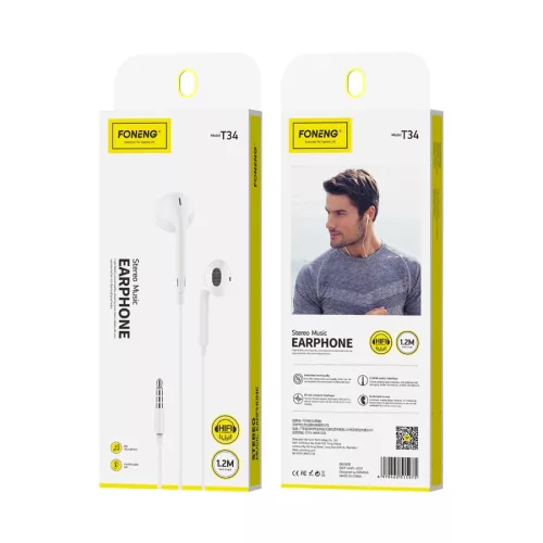 Foneng vezetékes fülhallgatók T34 Jack 3,5 mm mikrofonnal 1,2m, fehér