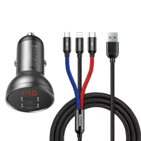   Baseus TZCCBX-0G autós töltő kijelzővel 2xUSB 3-az-1-ben kábellel 1,2m 24W 4.8A