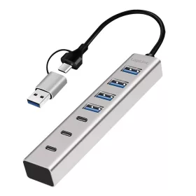  Logilink USB 3.0 hub, 7 port, 4x USB-A, 3x USB-C, 2 az 1-ben csatlakozókábel, 5 Gbit/s, ezüst (UA0442)