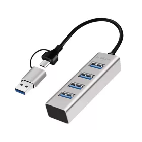   Logilink USB 3.0 hub, 4x USB-A, 5 Gbit/s, 2 az 1-ben csatlakozókábel, ezüst (UA0455)
