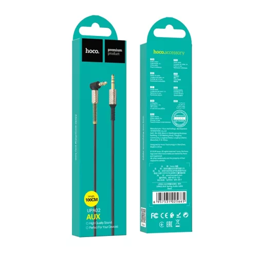 HOCO UPA02 3.5 - 3.5 mm jack aranyozott kábel (90 fokban elfordított csatlakozó véggel), 1m, AUX, fekete