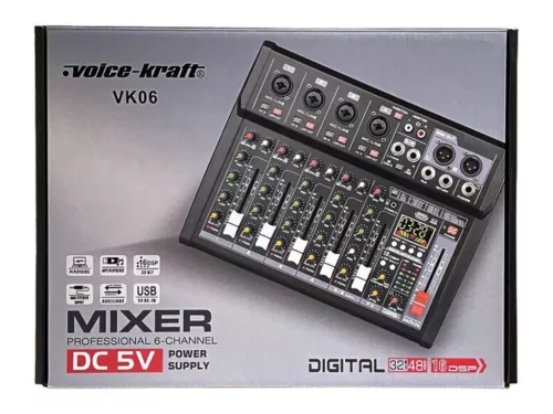 Voice-Kraft VK06 Keverőpult 4 mono/1 sztereo csatorna, USB Audio interface, Bluetooth, 16 DSP effekt