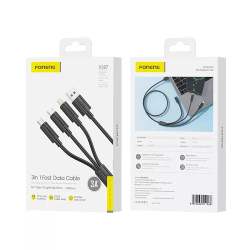 Foneng XS07BK Series 3 az 1-ben USB-kábel USB-C + micro USB + Lightning 60W 1.2m, fekete